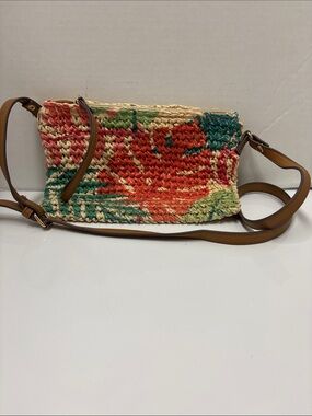 Woven Floral Crossbody Bag in Red, Green & Cream with Tan Strap